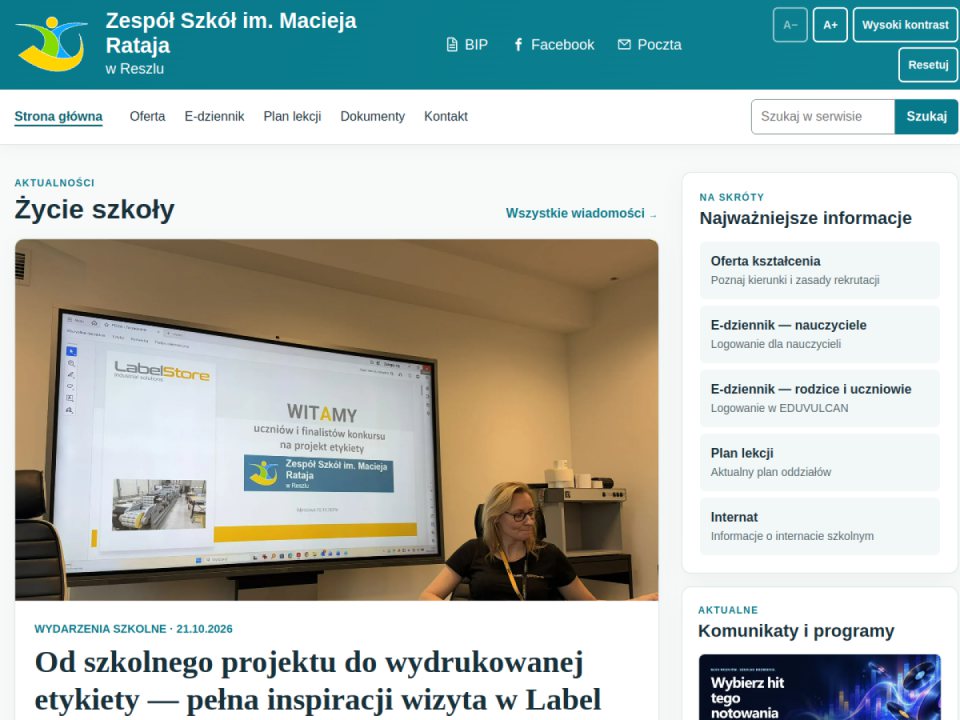 Aktualny zrzut strony — Zespół Szkół im. Macieja Rataja w Reszlu